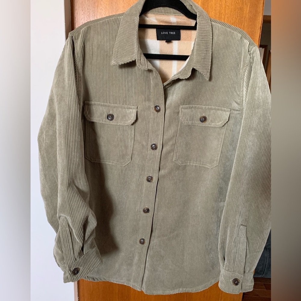 Love Tree sand Corduroy shacket with fleece Plaid Lining